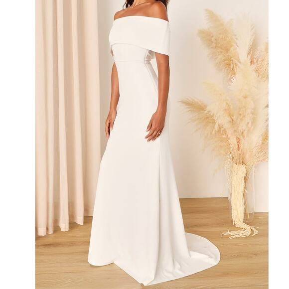 Lulus Bridal NWT Exceptional Romance White Off-the-Shoulder Mermaid Maxi Dress - Picture 1 of 10